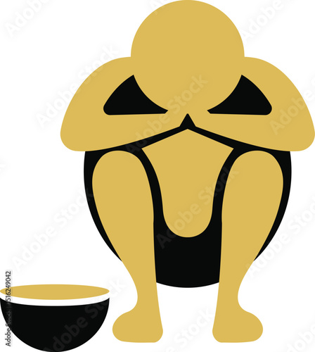 abstract icon of a hungry man sitting with a bowl symbolizing starvation, ideal for hunger relief campaigns, charitable organizations, and social justice visuals