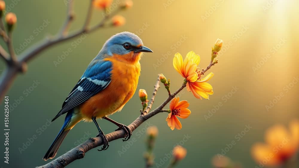 Vibrant bird perched on a branch among blooming flowers at sunset Vibrant bird perched on a branch among blooming flowers at sunset