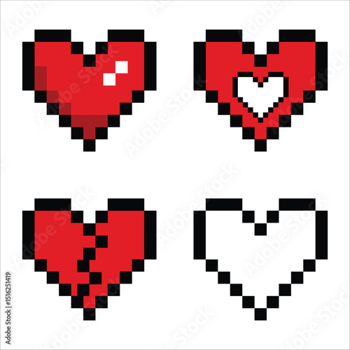 A set of four pixelated hearts, two whole and two broken, against a white background.