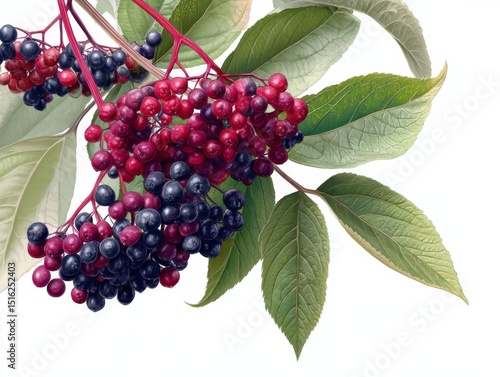 Elderberry Branch Red and Black Berries with Green Leaves, Botanical , Illustration