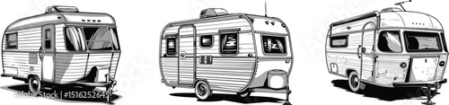 Set of Vintage Camper Trailer Illustrations in Black and White