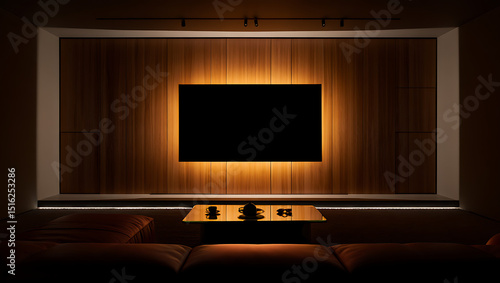 Modern home theater room with wooden wall