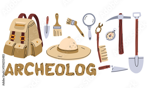 set of archaeologist's objects with an inscription. Archaeologist flat color. Brushes, map, shovel, compass, hat, backpack. for scientific posters, books, articles, and educational materials.