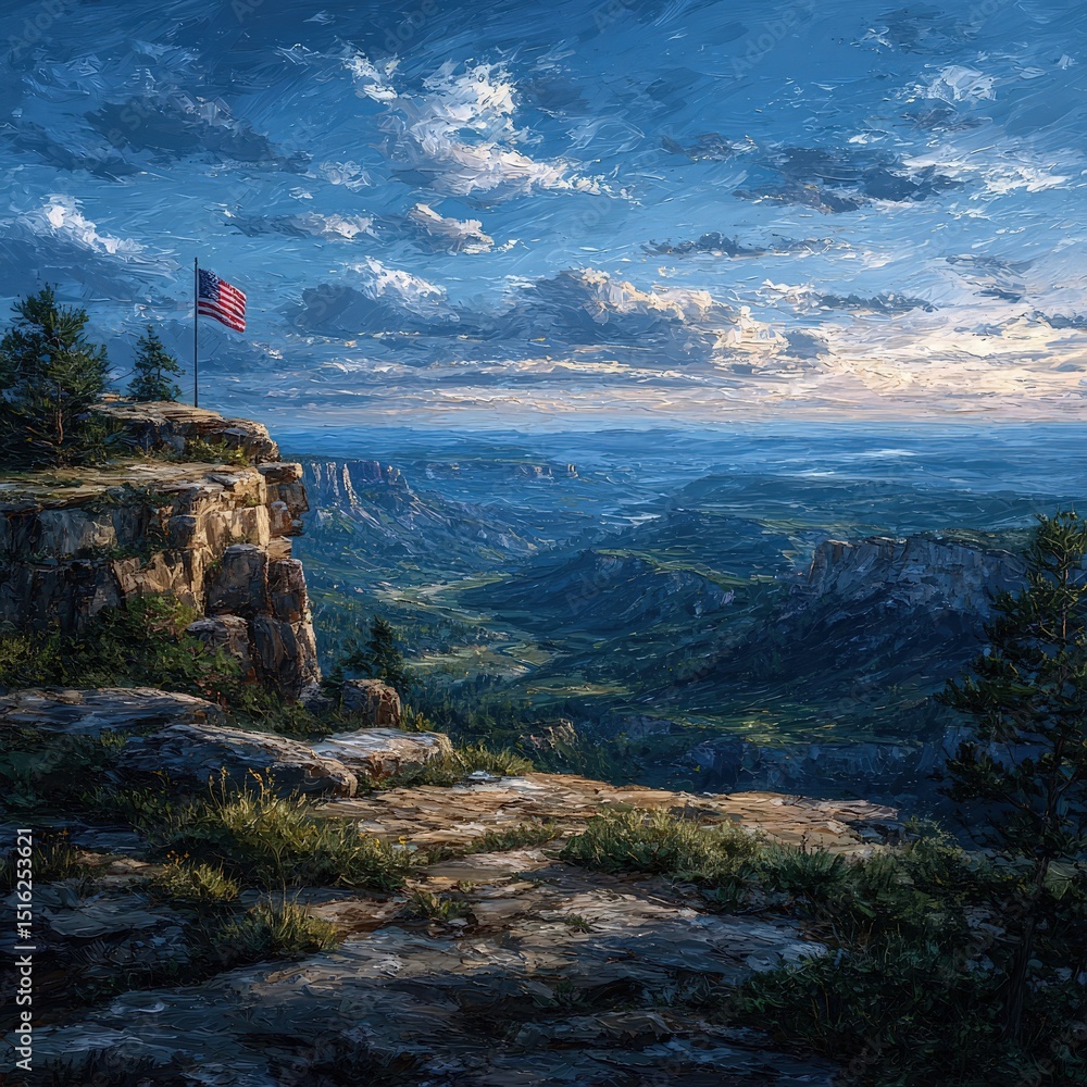 Naklejka premium American flag on clifftop overlooking scenic valley at sunset
