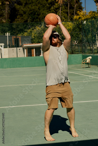 Middle-aged caucasian man playing basketball alone in the hotel of Turkey.