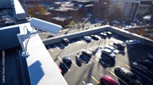 Bright daylight illuminates a rooftop security camera observing a busy parking lot. Vehicles are parked and in motion as the camera provides oversight for enhanced security protection