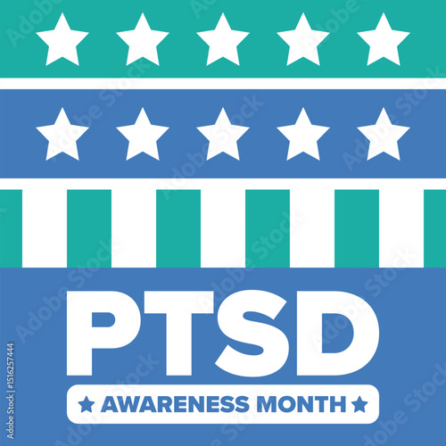 PTSD Awareness Month in June. Post Traumatic Stress Disorder. Celebrated annual in United States. Medical health care and awareness design. Poster, card, banner and background. Vector illustration
