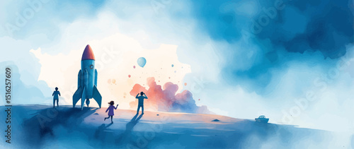 Children Watching Rocket Launch – Vector Illustration of Kids Standing to See Space Shuttle Liftoff.