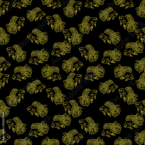 Golden Betta Fish Seamless Pattern on Black