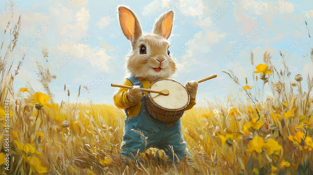 Fototapeta premium Smiling bunny with a drum and sticks, dressed in overalls and standing in a sunlit wheat field. A whimsical and musical portrait full of warmth and joy. 