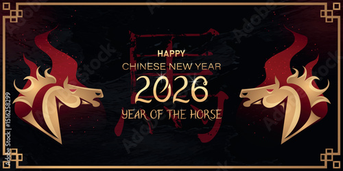 Happy Chinese New Year 2026. A fiery horse on a textured background. Congratulations and a hieroglyph for a horse. Silhouette of a horse against a background of fire. Chinese New Year. The Fiery Horse