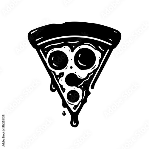 Slice of Pizza: A monochrome image of a mouthwatering slice of pizza, dripping with melted cheese and adorned with delectable toppings. This vector art captures the essence of a classic favorite.