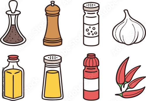 cartoon spice and condiment icons with garlic and vinegar