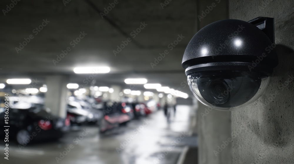 Fototapeta premium A dome security camera is positioned on a wall in a parking garage, providing surveillance in a low-light environment. The camera captures the area with clear focus, enhancing security