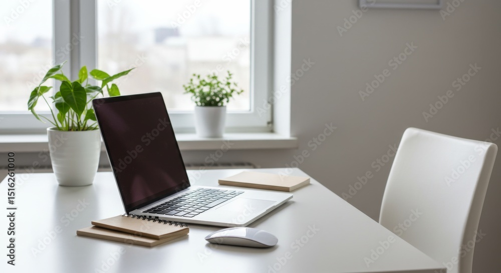 Modern workspace with laptop and plants on a white desk Modern workspace with laptop and plants on a white desk