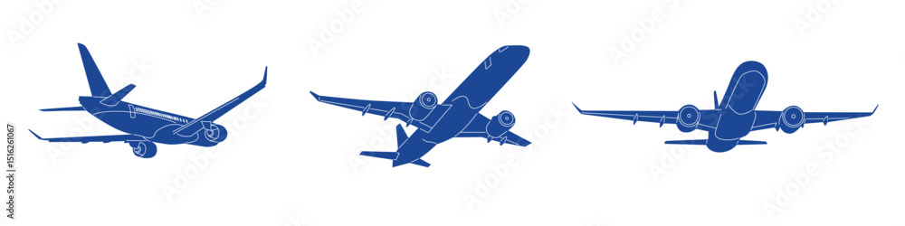Naklejka premium Collection of blue plane shapes. Silhouettes of an airplanes. Vector illustration isolated on white background