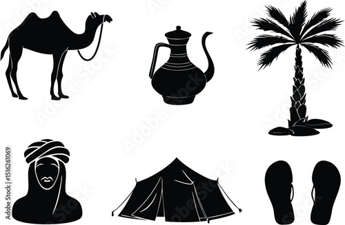 black and white desert icons with camel and tent