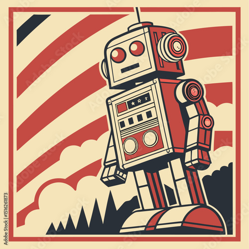 Vintage Robot Poster Vector – 70s Retro Style with Texture Effects