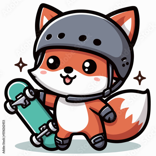 cartoon vector illustration of fox wearing helmet and playing skateboard