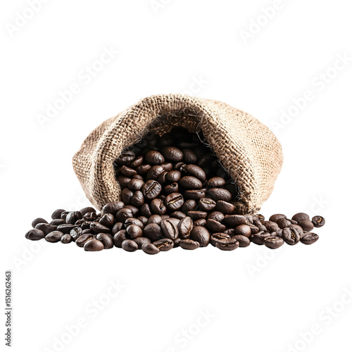 Coffee beans in a sack isolated on a transparent background