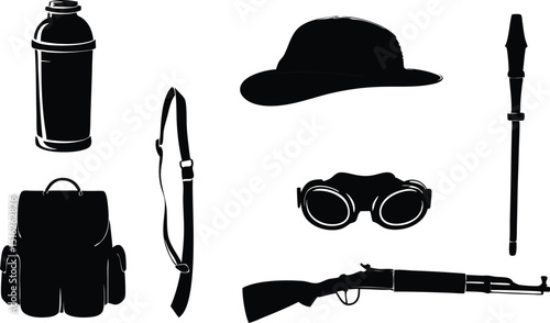 safari gear silhouette set with bag, hat, and rifle