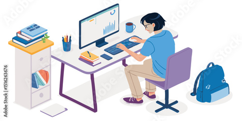 a young person working at a desk. The individual has short black hair and light skin, wearing a blue shirt and beige pants 