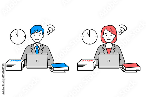 残業で困っているスーツの男女　セット
