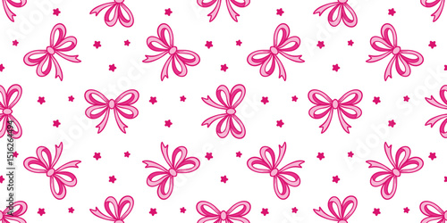 Cute pink bows and stars on white background seamless pattern. Girly doll print for textile, packaging, paper, fabric, vector graphics