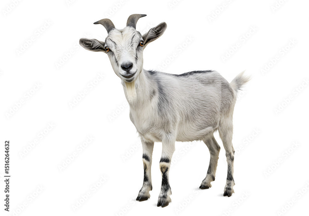 A curious goat standing against a white background. Its gray coat and small horns are clearly visible. A curious goat standing against a white background. Its gray coat and small horns are clearly visible.