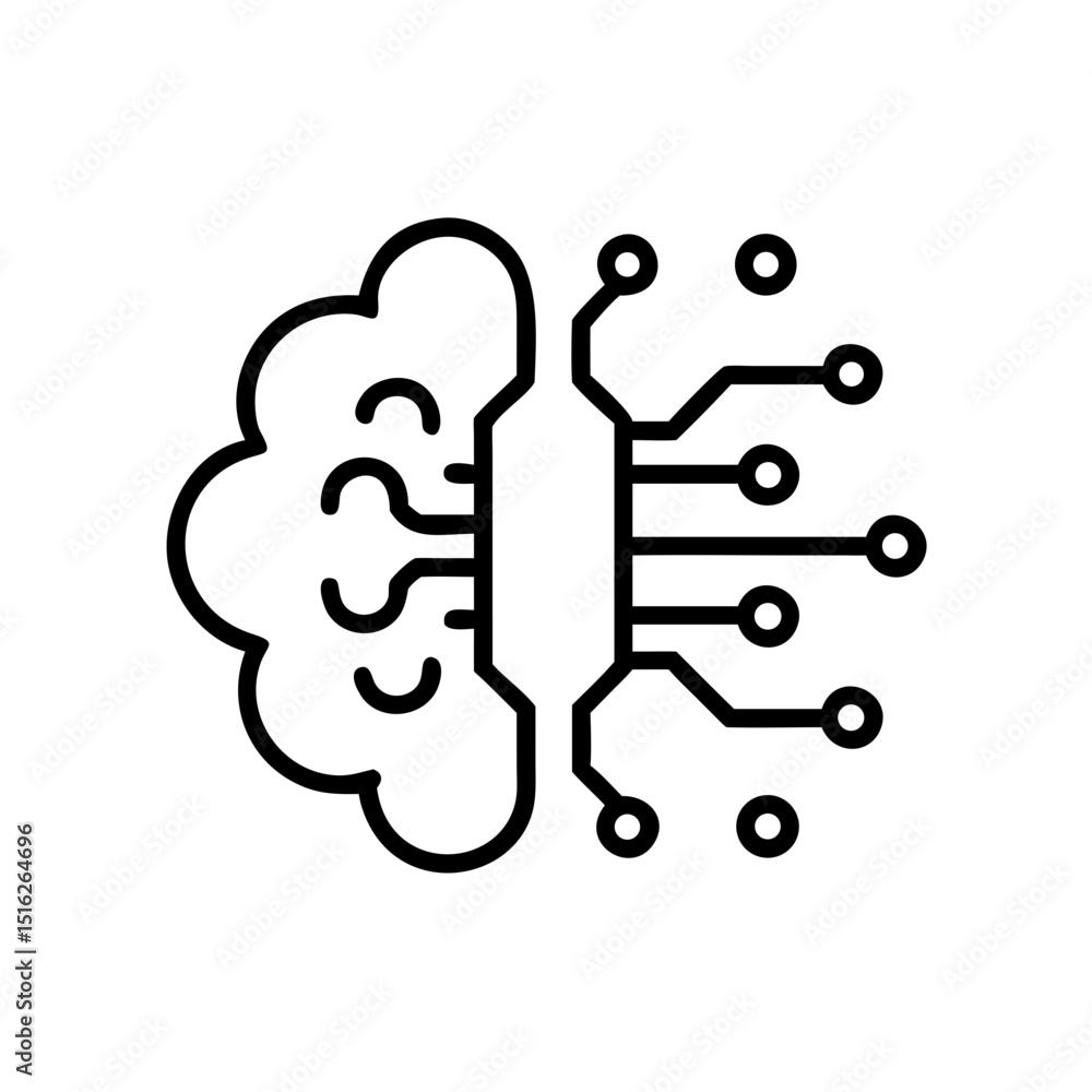 Line art of a brain connected to circuitry representing AI technology Line art of a brain connected to circuitry representing AI technology
