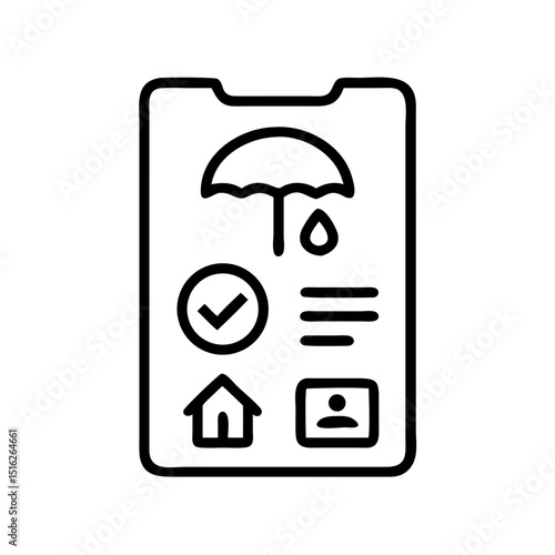 Line art smartphone screen displaying insurance app features  