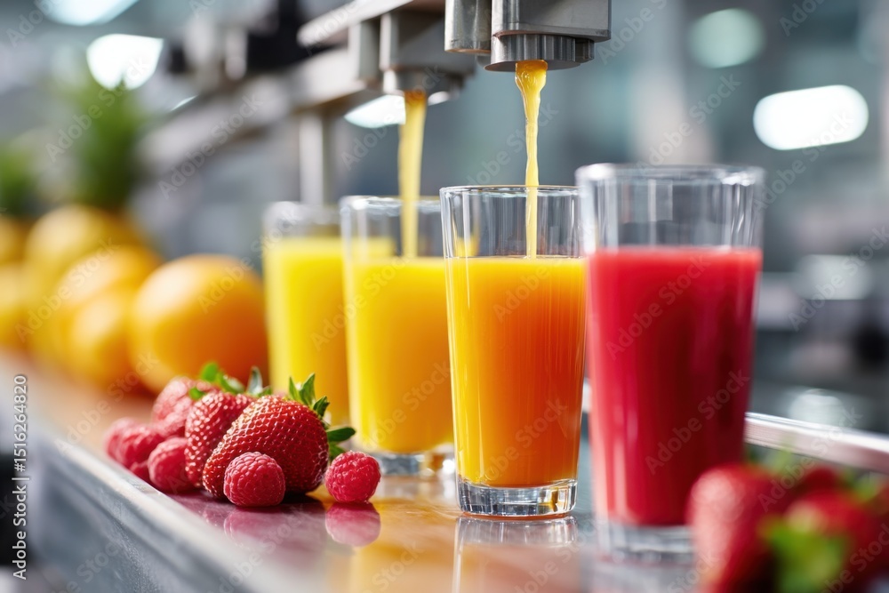 Vivid fruit juices being produced and prepared in a vibrant beverage factory setting Vivid fruit juices being produced and prepared in a vibrant beverage factory setting
