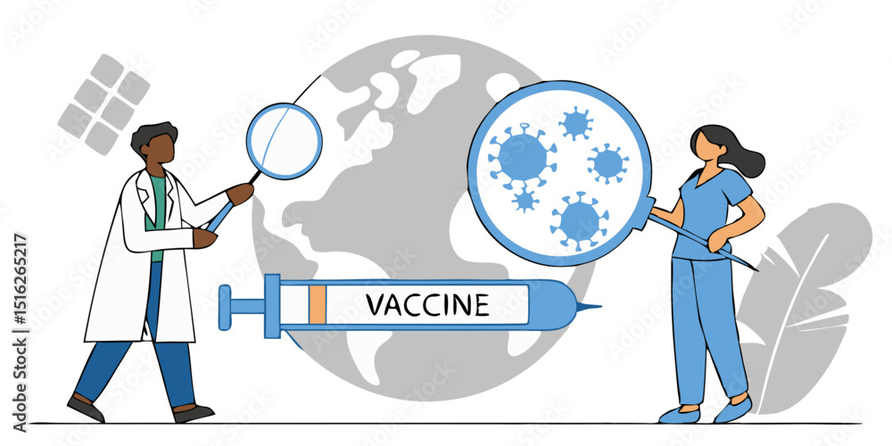 Doctor and Nurse Preparing For Global Vaccination against Coronavirus. Covid Vaccine ready for Clinical Trial. Immunization Campaign Concept. Flat Cartoon Vector Illustration Doctor and Nurse Preparing For Global Vaccination against Coronavirus. Covid Vaccine ready for Clinical Trial. Immunization Campaign Concept. Flat Cartoon Vector Illustration