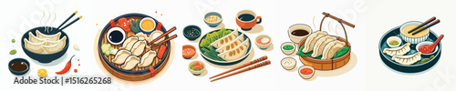 set of vector gyoza dishes