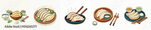set of vector gyoza dishes