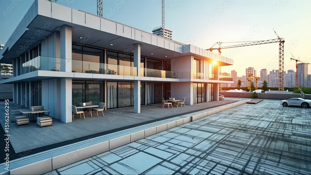 digital construction building information modeling bim concept with 3d model and blueprints illustration. Large white house with a long white roll of paper on the ground