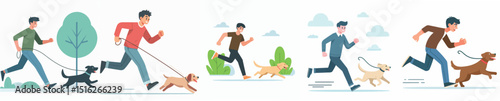 vector of young man running with dog