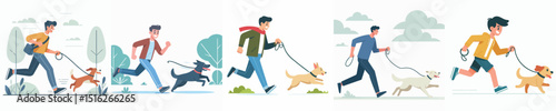 vector of young man running with dog