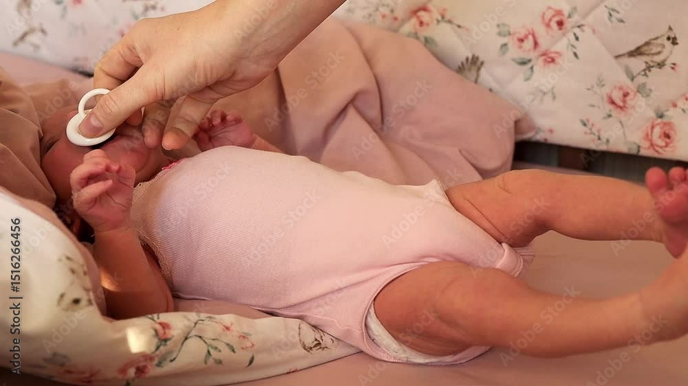 Close-up video shows a hand gently offering a pacifier to a crying newborn baby lying in a crib with floral bedding. The scene captures an attempt to soothe the distressed infant. Close-up video shows a hand gently offering a pacifier to a crying newborn baby lying in a crib with floral bedding. The scene captures an attempt to soothe the distressed infant.