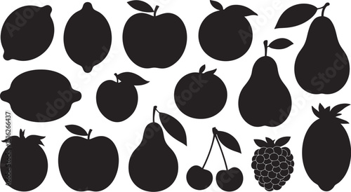 A collection of various fruit silhouettes including lemons apples pears cherries and a raspberry on white