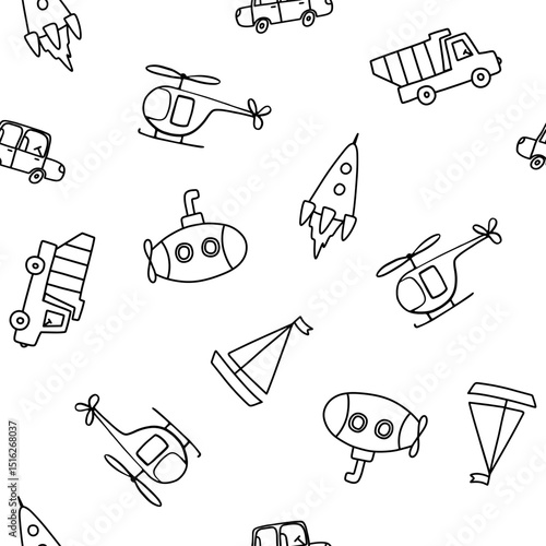 Seamless pattern with cute transport. Vector outline monochrome doodle illustrations on white background for kids and nursery