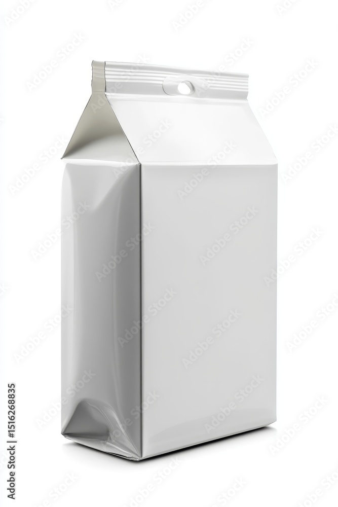 A blank white glossy package with a triangular top and a resealable opening on a white background A blank white glossy package with a triangular top and a resealable opening on a white background