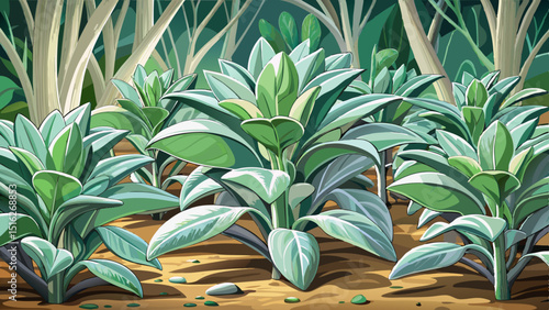Sage leaves with silvery-green texture emerge from woody stems in a natural herb patch. This resilient plant’s fine hairs shimmer softly in the sun, full of rustic character.