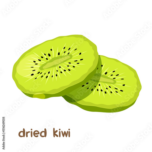 Vector cartoon illustration of dried kiwi fruit with lettering isolated on white background.	
