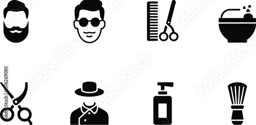 A collection of barber shop icons including faces grooming tools and grooming products in black silhouette