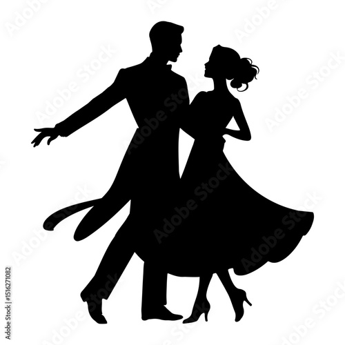 Silhouette image showing a man in a suit and a woman in a dress dancing together gracefully on a white background