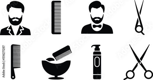 A collection of barber shop icons featuring men, combs, scissors and hair care products in black and white
