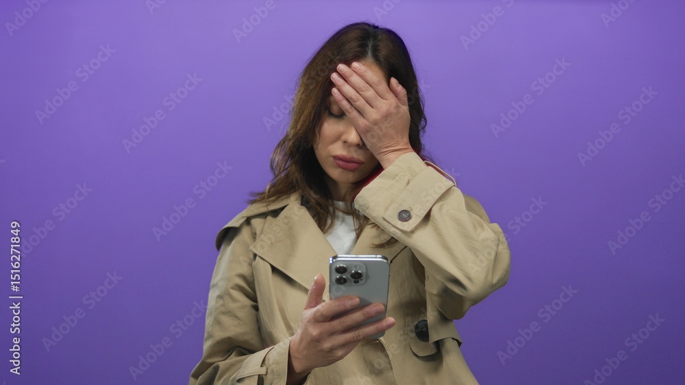 Woman focused on smartphone over purple background, wearing beige coat, representing technology usage in modern lifestyle. Woman focused on smartphone over purple background, wearing beige coat, representing technology usage in modern lifestyle.