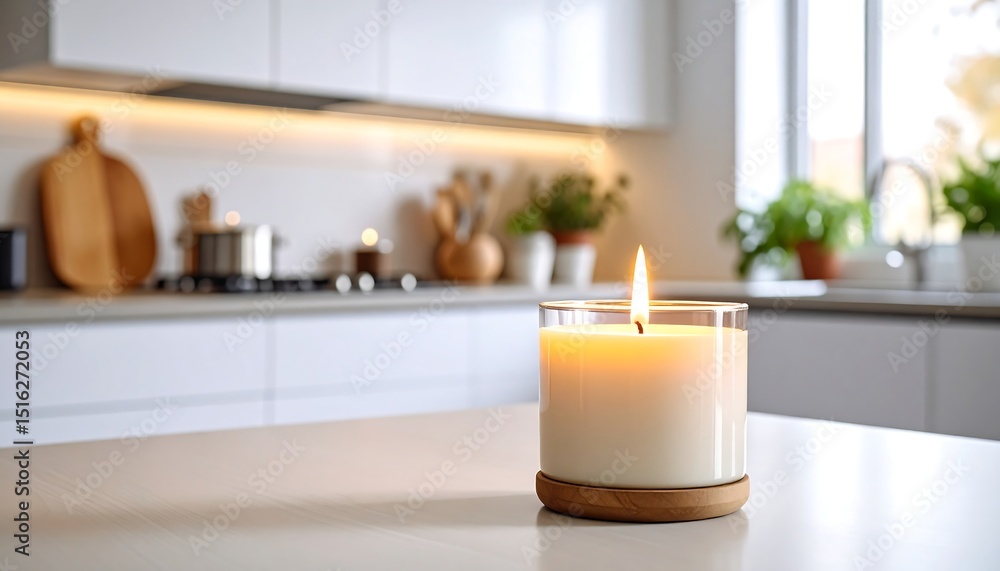 Fototapeta premium Lit candle on kitchen counter.
