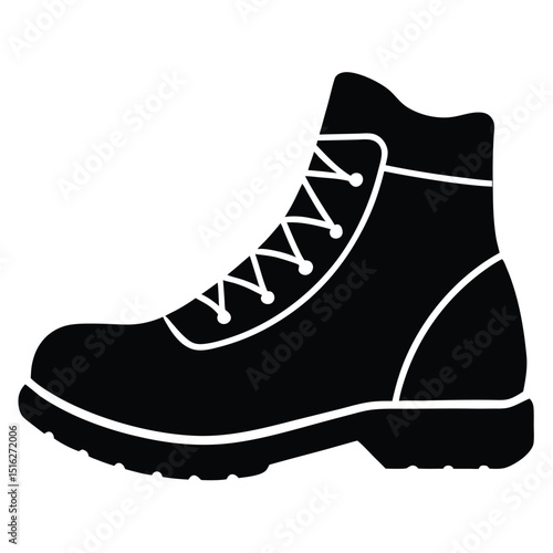 Black Leather Work Boot Illustration LaceUp Design, Rugged Sole, Silhouette